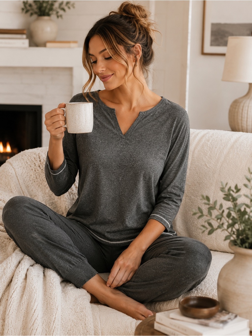 NWT Cuddl Duds Soft Stretch Heather Gray V-Notch Lounge Top Small